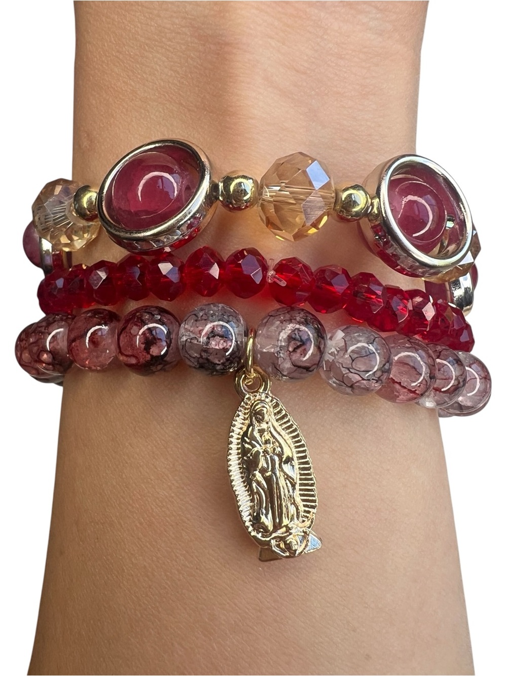Our Lady of Guadalupe Charm Beaded 3 Pieces Stretch Bracelet Set NWOT